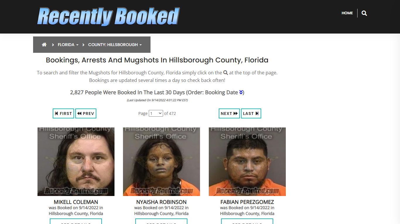 Bookings, Arrests and Mugshots in Hillsborough County, Florida